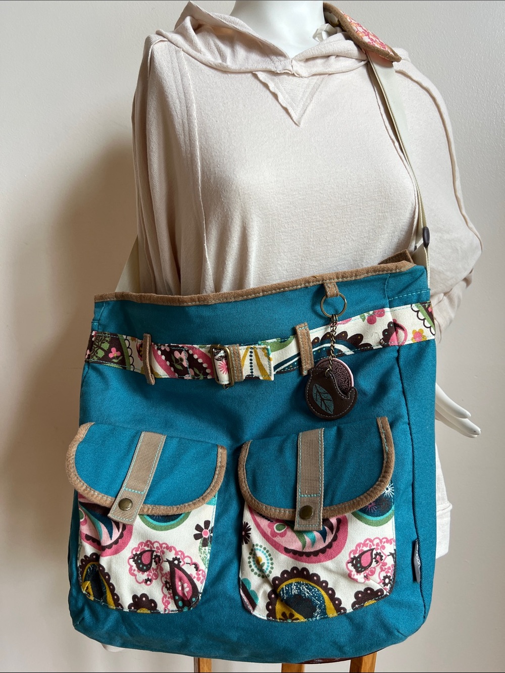 Embark boho Teal Floral Accent Crossbody Tote with Adjustable Strap